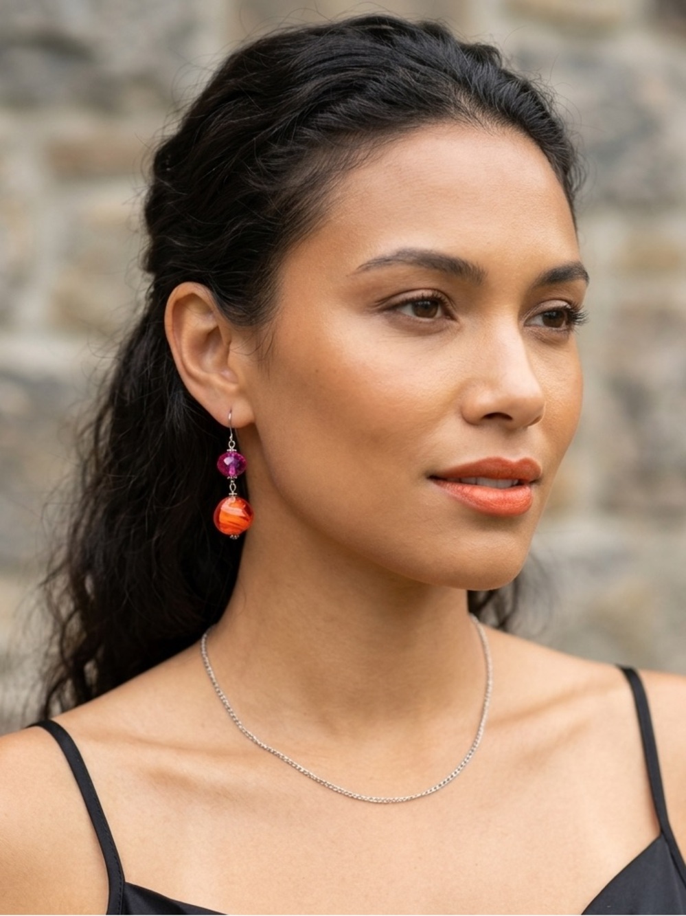Vibrant Orange & Pink Glass Bead Drop Earrings